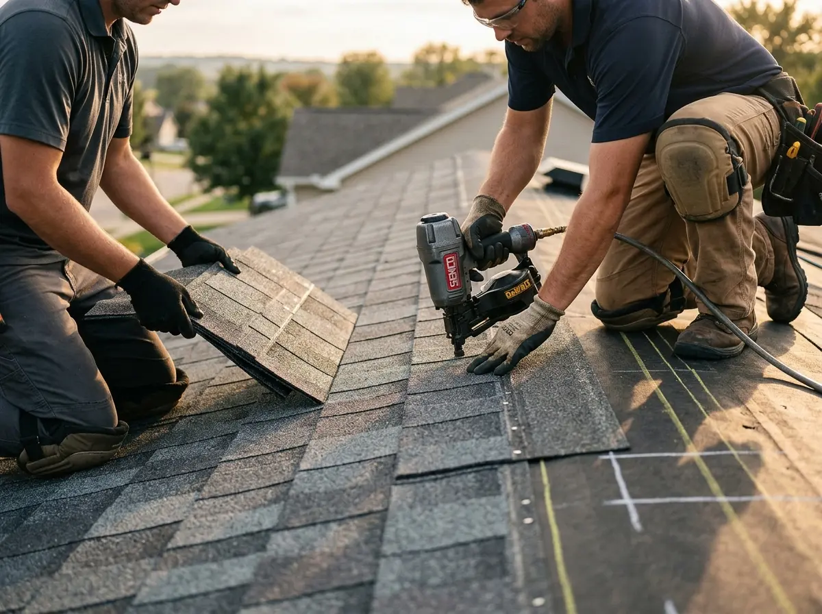 Professional roofer working on a residential roof in Manor